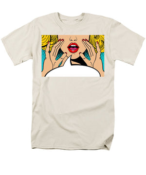 Sexy surprised blonde pop art woman with open mouth and rising hands screaming announcement. Vector background in comic retro pop art style. Party invitation. - Men's T-Shirt  (Regular Fit)
