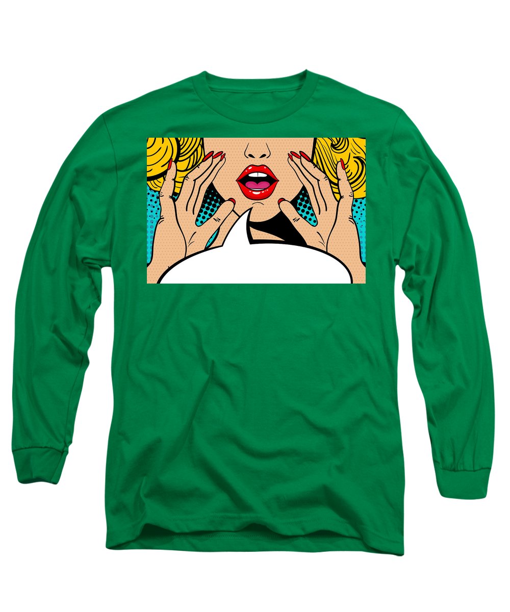 Sexy surprised blonde pop art woman with open mouth and rising hands screaming announcement. Vector background in comic retro pop art style. Party invitation. - Long Sleeve T-Shirt