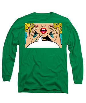 Sexy surprised blonde pop art woman with open mouth and rising hands screaming announcement. Vector background in comic retro pop art style. Party invitation. - Long Sleeve T-Shirt