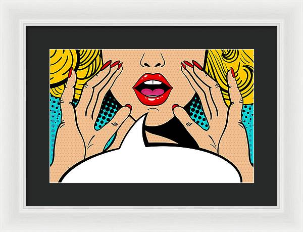 Sexy surprised blonde pop art woman with open mouth and rising hands screaming announcement. Vector background in comic retro pop art style. Party invitation. - Framed Print