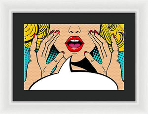 Sexy surprised blonde pop art woman with open mouth and rising hands screaming announcement. Vector background in comic retro pop art style. Party invitation. - Framed Print