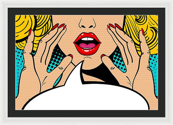 Sexy surprised blonde pop art woman with open mouth and rising hands screaming announcement. Vector background in comic retro pop art style. Party invitation. - Framed Print