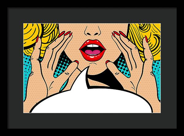Sexy surprised blonde pop art woman with open mouth and rising hands screaming announcement. Vector background in comic retro pop art style. Party invitation. - Framed Print