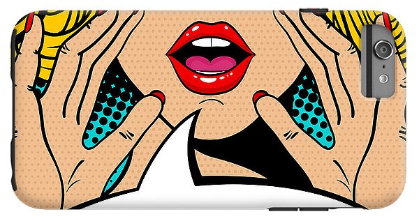 Sexy surprised blonde pop art woman with open mouth and rising hands screaming announcement. Vector background in comic retro pop art style. Party invitation. - Phone Case