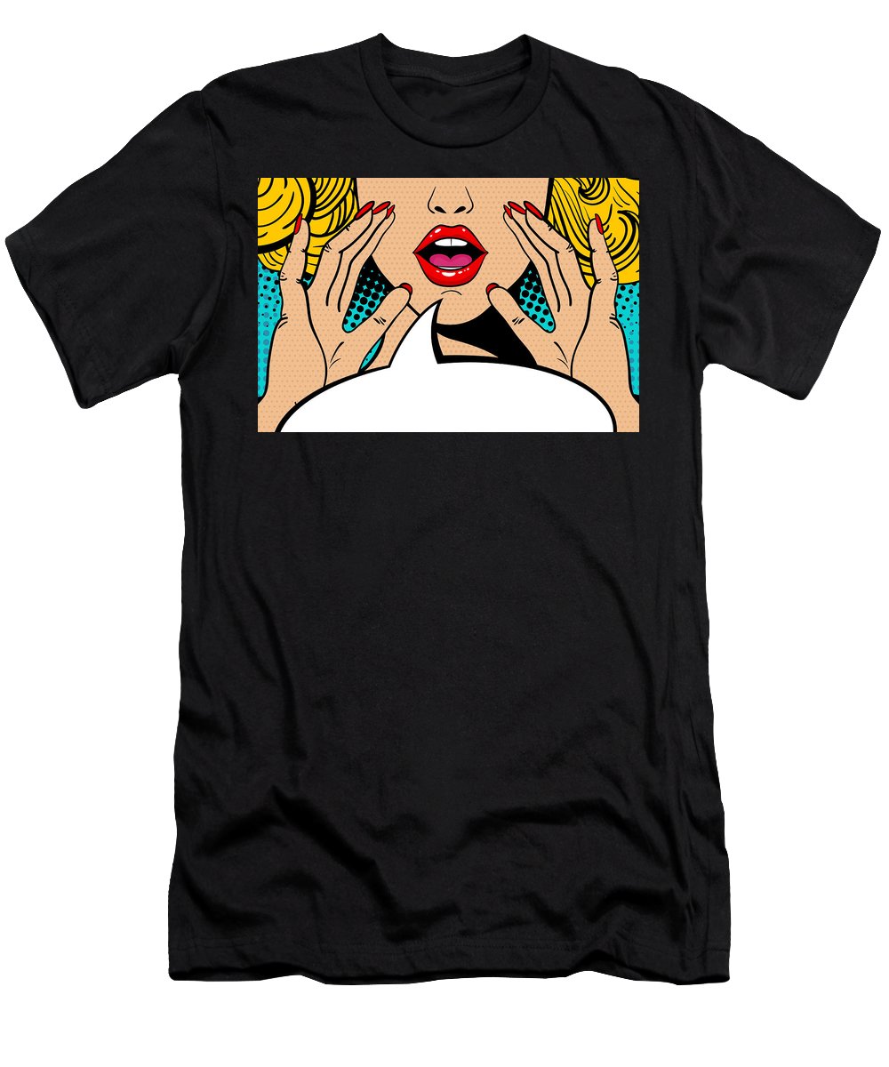 Sexy surprised blonde pop art woman with open mouth and rising hands screaming announcement. Vector background in comic retro pop art style. Party invitation. - T-Shirt