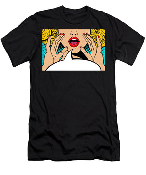 Sexy surprised blonde pop art woman with open mouth and rising hands screaming announcement. Vector background in comic retro pop art style. Party invitation. - T-Shirt