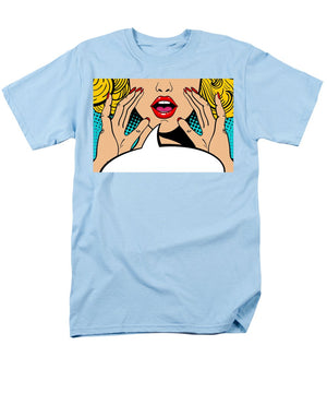 Sexy surprised blonde pop art woman with open mouth and rising hands screaming announcement. Vector background in comic retro pop art style. Party invitation. - Men's T-Shirt  (Regular Fit)