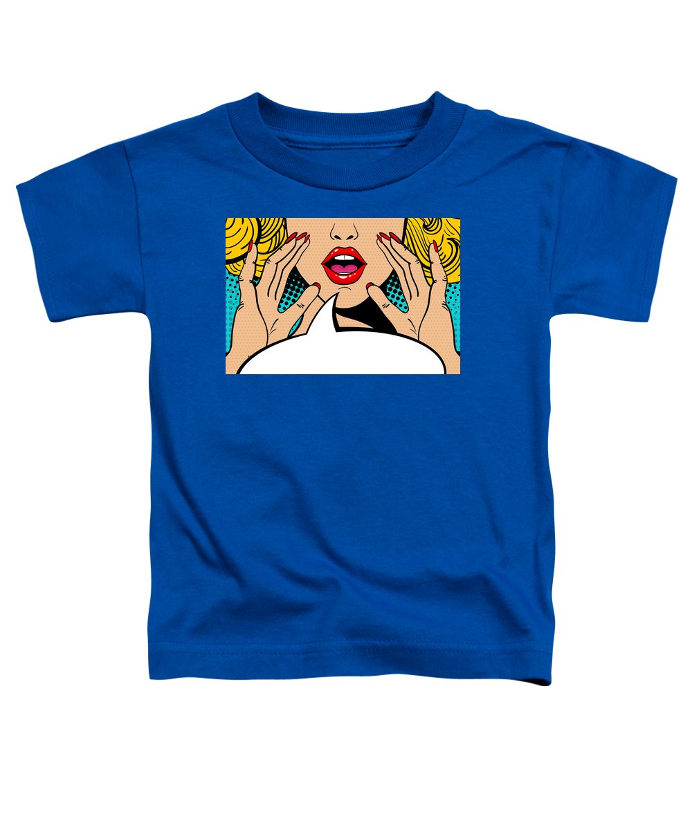 Sexy surprised blonde pop art woman with open mouth and rising hands screaming announcement. Vector background in comic retro pop art style. Party invitation. - Toddler T-Shirt