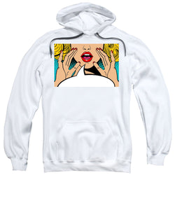 Sexy surprised blonde pop art woman with open mouth and rising hands screaming announcement. Vector background in comic retro pop art style. Party invitation. - Sweatshirt