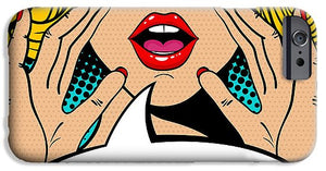 Sexy surprised blonde pop art woman with open mouth and rising hands screaming announcement. Vector background in comic retro pop art style. Party invitation. - Phone Case