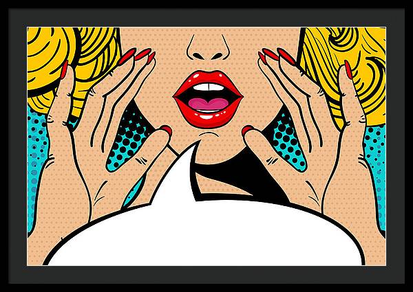 Sexy surprised blonde pop art woman with open mouth and rising hands screaming announcement. Vector background in comic retro pop art style. Party invitation. - Framed Print