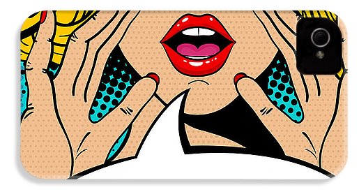 Sexy surprised blonde pop art woman with open mouth and rising hands screaming announcement. Vector background in comic retro pop art style. Party invitation. - Phone Case
