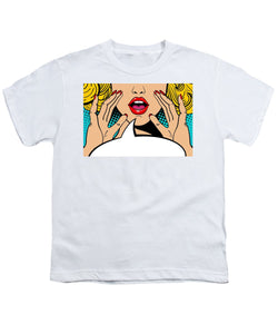 Sexy surprised blonde pop art woman with open mouth and rising hands screaming announcement. Vector background in comic retro pop art style. Party invitation. - Youth T-Shirt