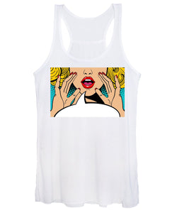 Sexy surprised blonde pop art woman with open mouth and rising hands screaming announcement. Vector background in comic retro pop art style. Party invitation. - Women's Tank Top