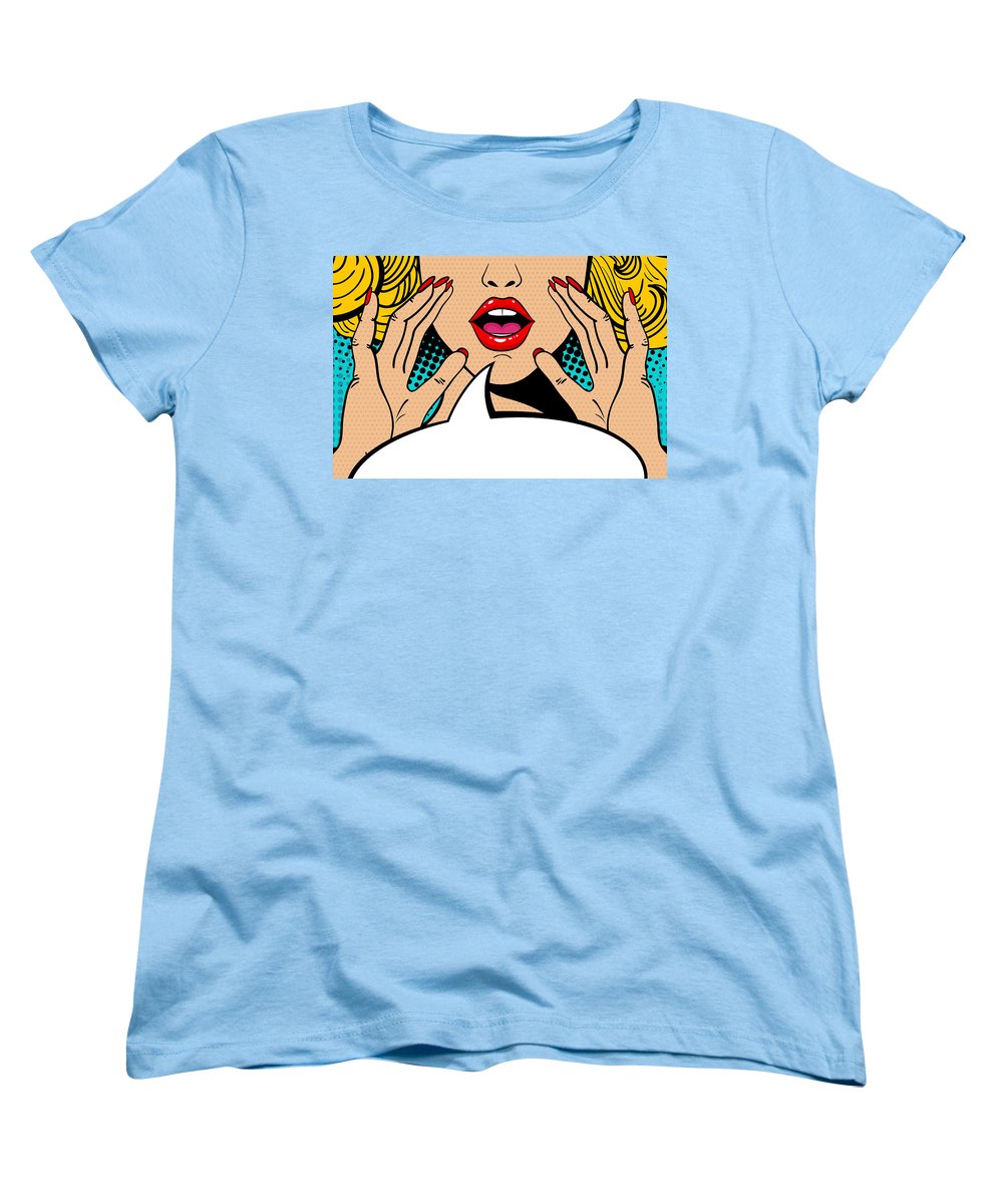 Sexy surprised blonde pop art woman with open mouth and rising hands screaming announcement. Vector background in comic retro pop art style. Party invitation. - Women's T-Shirt (Standard Fit)