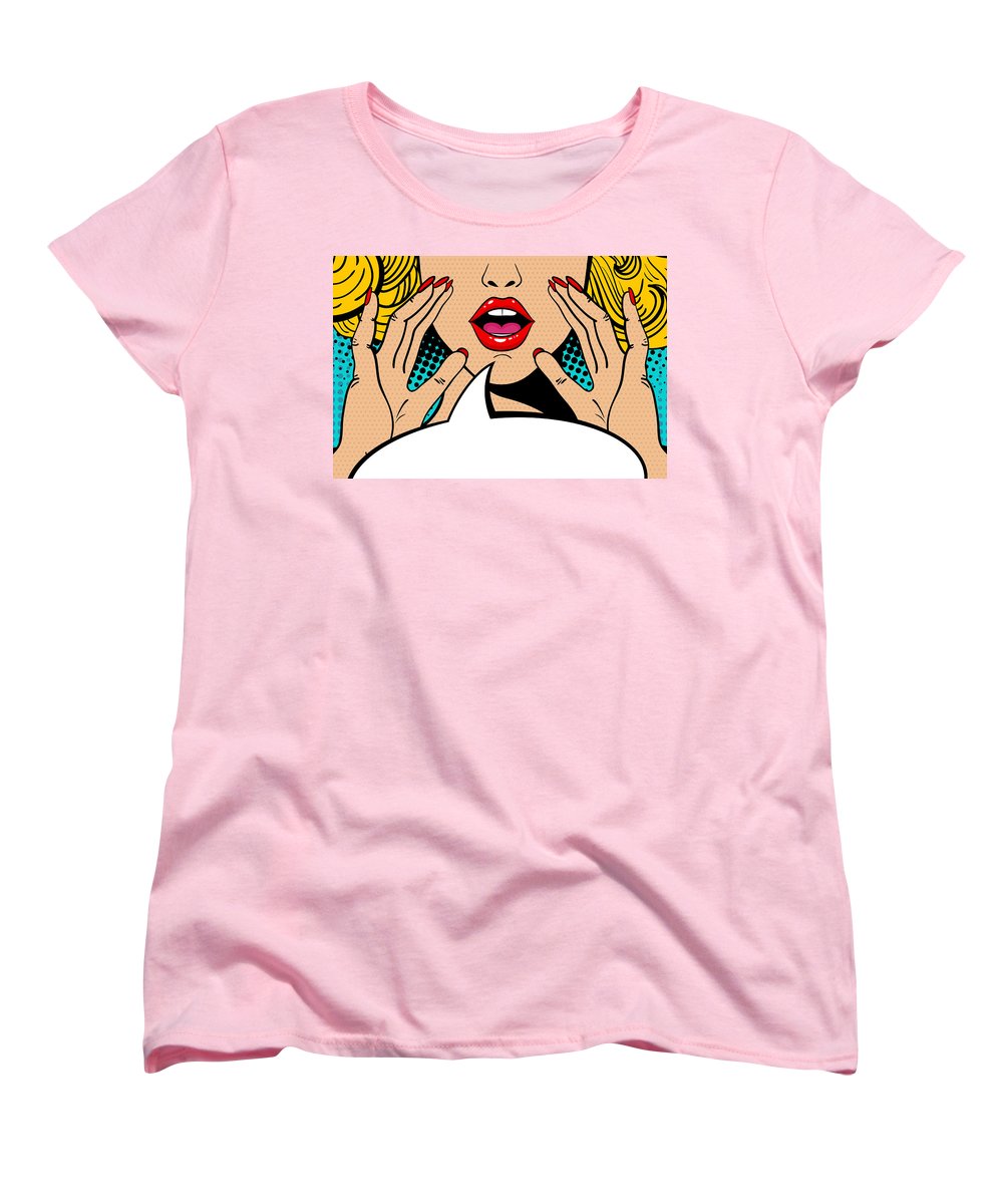 Sexy surprised blonde pop art woman with open mouth and rising hands screaming announcement. Vector background in comic retro pop art style. Party invitation. - Women's T-Shirt (Standard Fit)