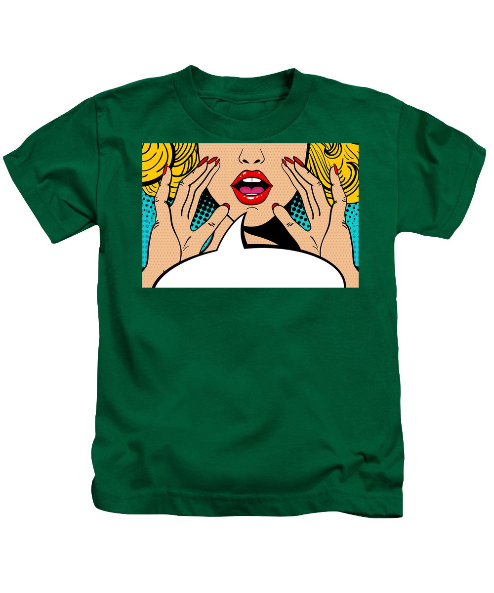 Sexy surprised blonde pop art woman with open mouth and rising hands screaming announcement. Vector background in comic retro pop art style. Party invitation. - Kids T-Shirt