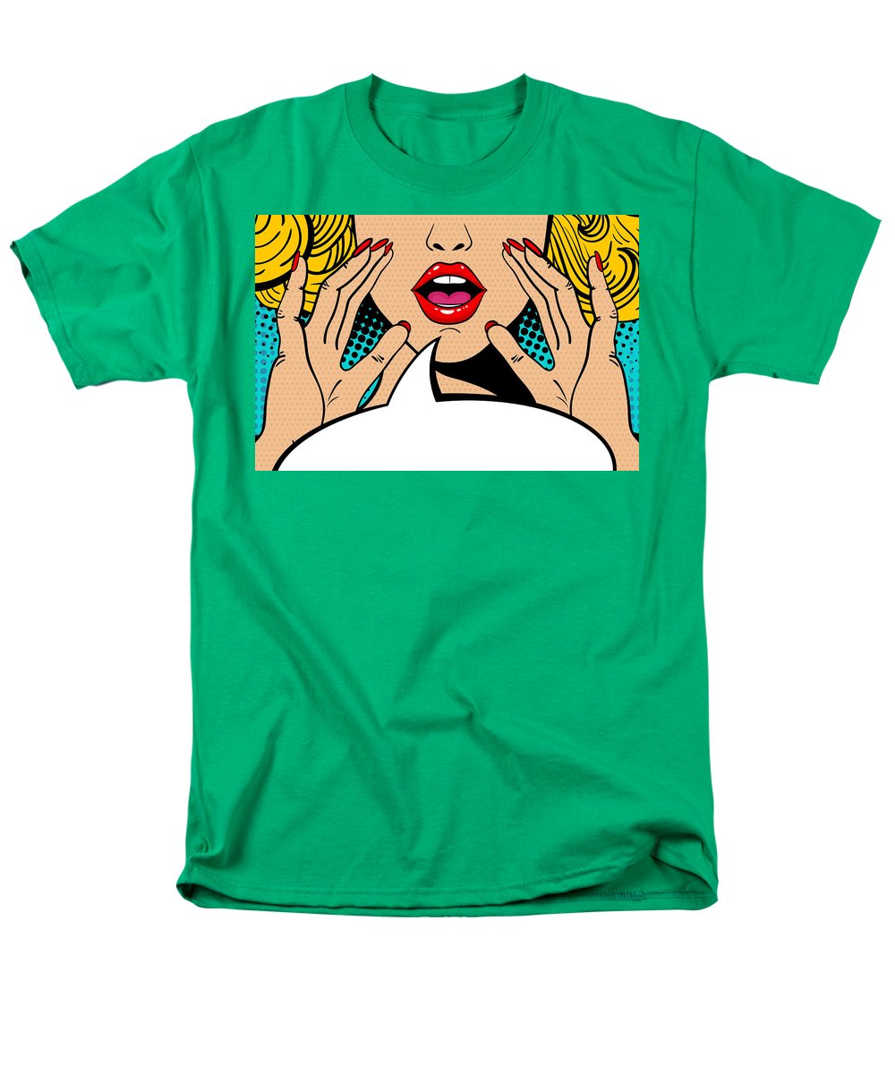 Sexy surprised blonde pop art woman with open mouth and rising hands screaming announcement. Vector background in comic retro pop art style. Party invitation. - Men's T-Shirt  (Regular Fit)