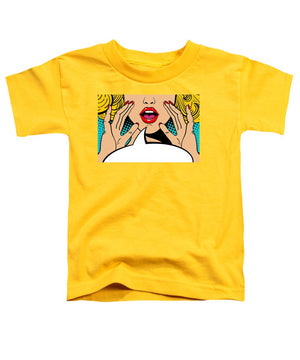 Sexy surprised blonde pop art woman with open mouth and rising hands screaming announcement. Vector background in comic retro pop art style. Party invitation. - Toddler T-Shirt