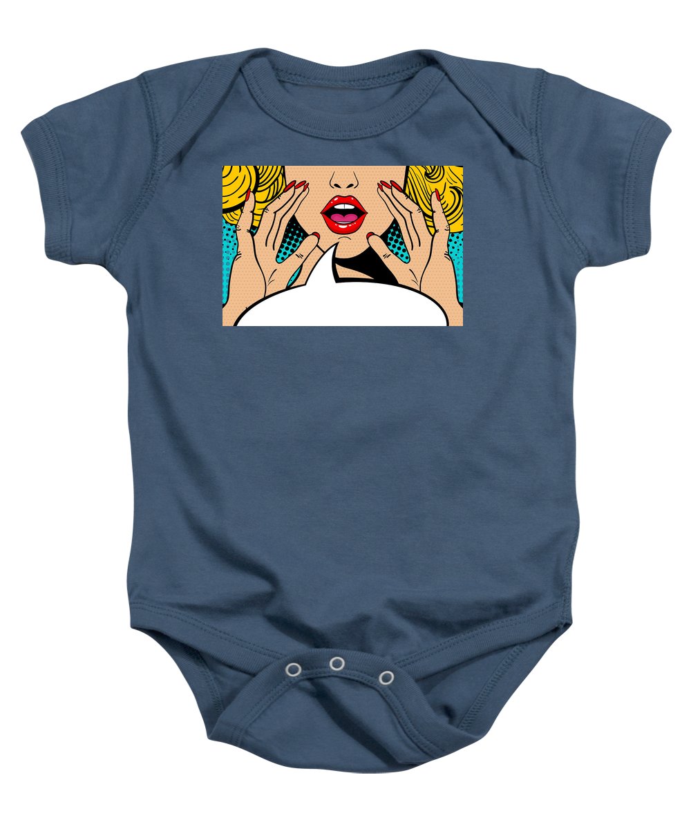 Sexy surprised blonde pop art woman with open mouth and rising hands screaming announcement. Vector background in comic retro pop art style. Party invitation. - Baby Onesie