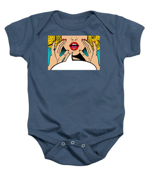 Sexy surprised blonde pop art woman with open mouth and rising hands screaming announcement. Vector background in comic retro pop art style. Party invitation. - Baby Onesie