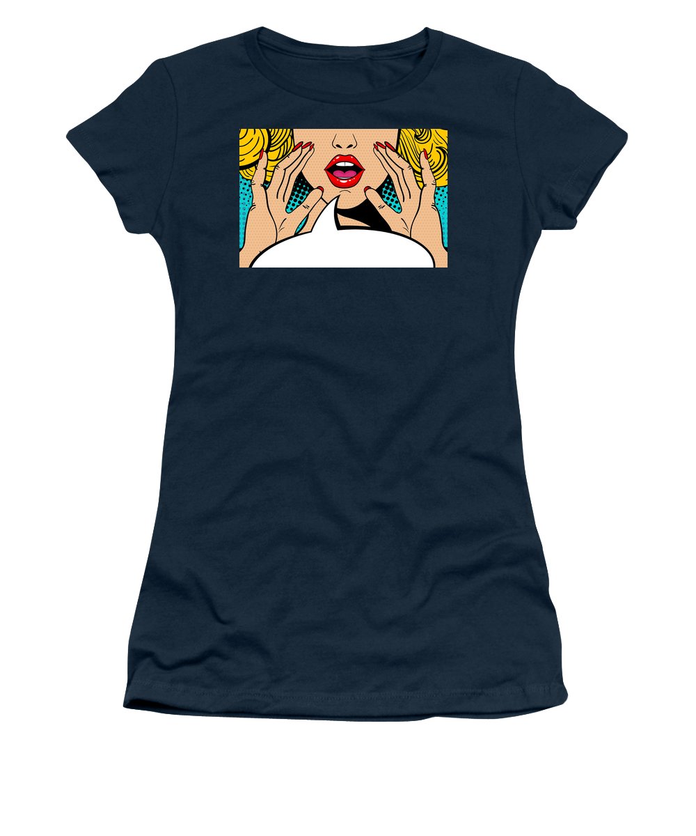 Sexy surprised blonde pop art woman with open mouth and rising hands screaming announcement. Vector background in comic retro pop art style. Party invitation. - Women's T-Shirt