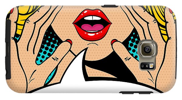 Sexy surprised blonde pop art woman with open mouth and rising hands screaming announcement. Vector background in comic retro pop art style. Party invitation. - Phone Case