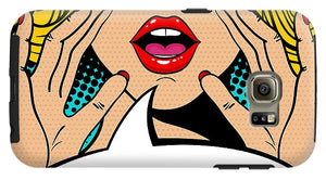 Sexy surprised blonde pop art woman with open mouth and rising hands screaming announcement. Vector background in comic retro pop art style. Party invitation. - Phone Case