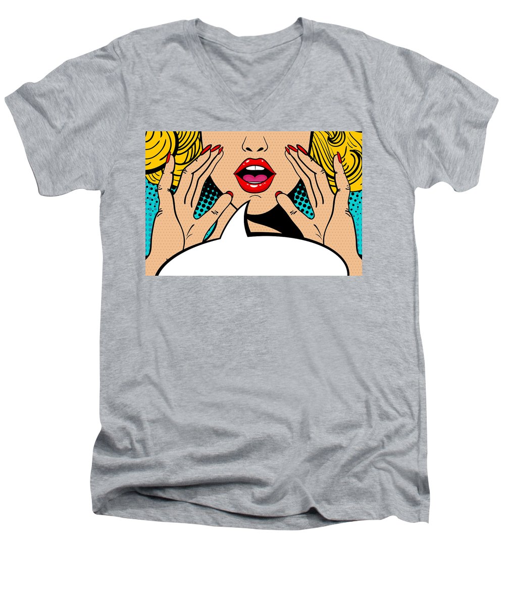Sexy surprised blonde pop art woman with open mouth and rising hands screaming announcement. Vector background in comic retro pop art style. Party invitation. - Men's V-Neck T-Shirt