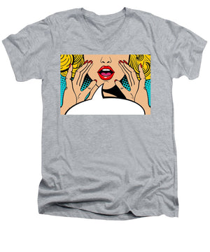 Sexy surprised blonde pop art woman with open mouth and rising hands screaming announcement. Vector background in comic retro pop art style. Party invitation. - Men's V-Neck T-Shirt