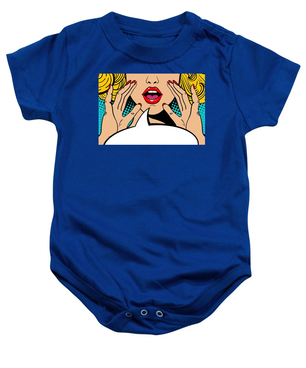 Sexy surprised blonde pop art woman with open mouth and rising hands screaming announcement. Vector background in comic retro pop art style. Party invitation. - Baby Onesie