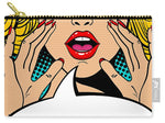 Sexy surprised blonde pop art woman with open mouth and rising hands screaming announcement. Vector background in comic retro pop art style. Party invitation. - Carry-All Pouch
