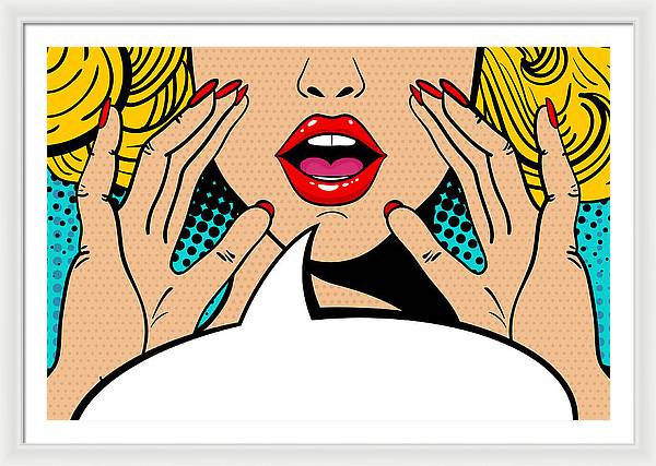 Sexy surprised blonde pop art woman with open mouth and rising hands screaming announcement. Vector background in comic retro pop art style. Party invitation. - Framed Print