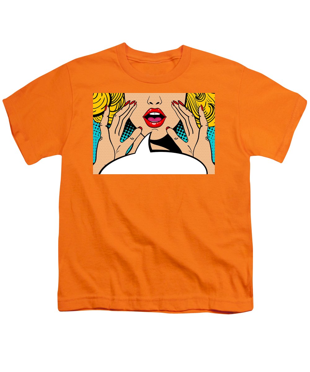 Sexy surprised blonde pop art woman with open mouth and rising hands screaming announcement. Vector background in comic retro pop art style. Party invitation. - Youth T-Shirt