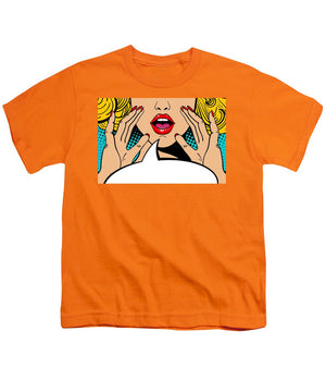 Sexy surprised blonde pop art woman with open mouth and rising hands screaming announcement. Vector background in comic retro pop art style. Party invitation. - Youth T-Shirt