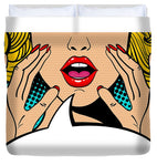 Sexy surprised blonde pop art woman with open mouth and rising hands screaming announcement. Vector background in comic retro pop art style. Party invitation. - Duvet Cover