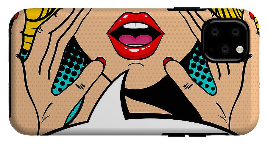 Sexy surprised blonde pop art woman with open mouth and rising hands screaming announcement. Vector background in comic retro pop art style. Party invitation. - Phone Case
