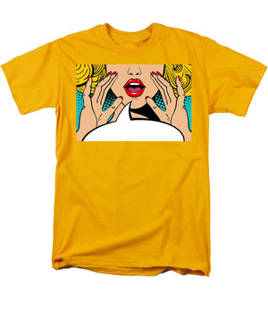 Sexy surprised blonde pop art woman with open mouth and rising hands screaming announcement. Vector background in comic retro pop art style. Party invitation. - Men's T-Shirt  (Regular Fit)