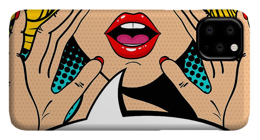 Sexy surprised blonde pop art woman with open mouth and rising hands screaming announcement. Vector background in comic retro pop art style. Party invitation. - Phone Case