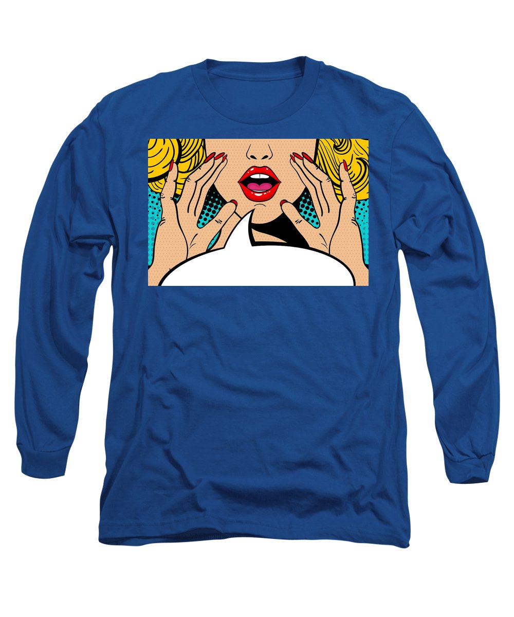 Sexy surprised blonde pop art woman with open mouth and rising hands screaming announcement. Vector background in comic retro pop art style. Party invitation. - Long Sleeve T-Shirt