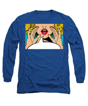 Sexy surprised blonde pop art woman with open mouth and rising hands screaming announcement. Vector background in comic retro pop art style. Party invitation. - Long Sleeve T-Shirt