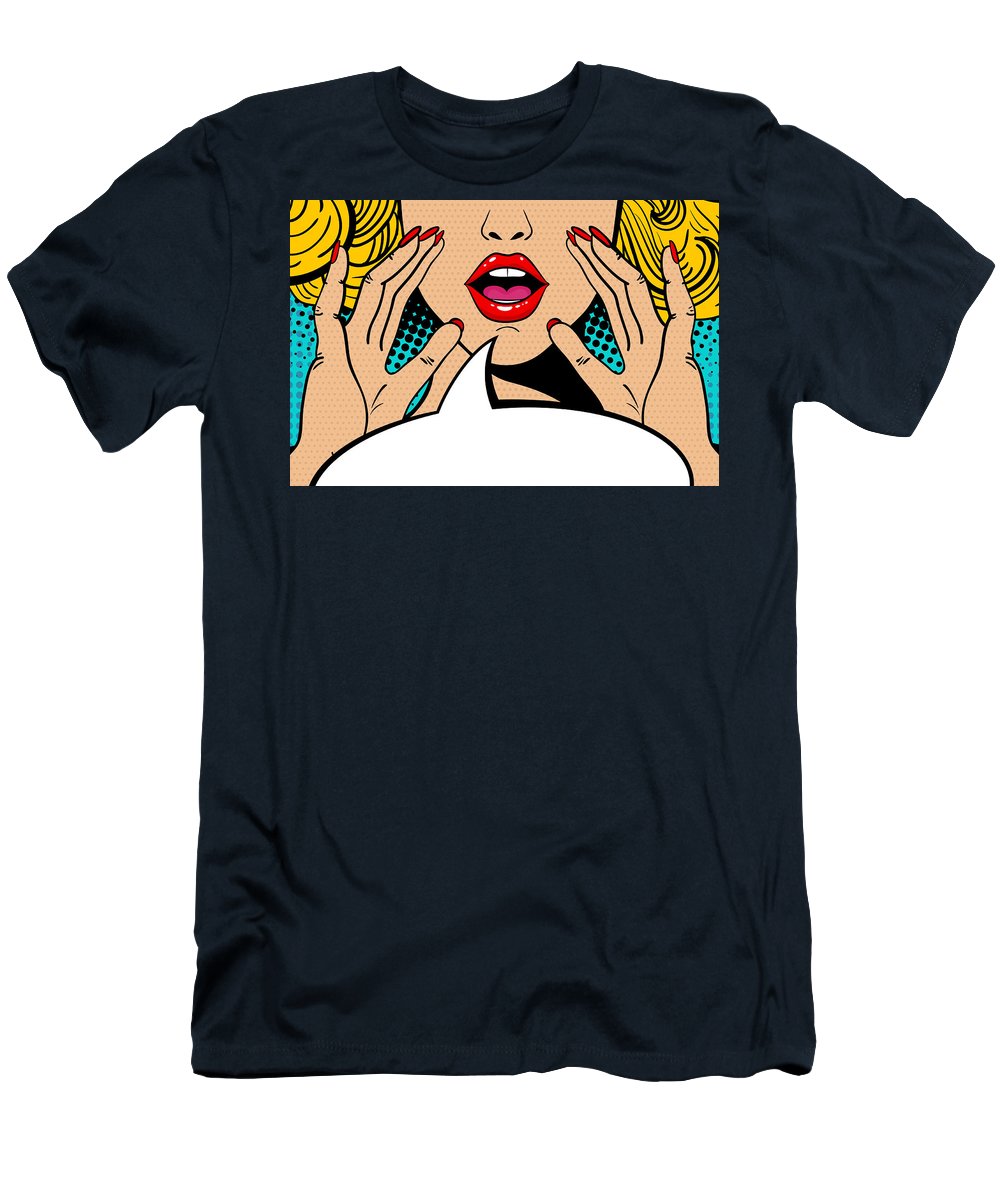 Sexy surprised blonde pop art woman with open mouth and rising hands screaming announcement. Vector background in comic retro pop art style. Party invitation. - T-Shirt