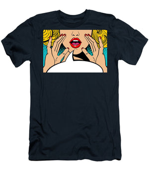 Sexy surprised blonde pop art woman with open mouth and rising hands screaming announcement. Vector background in comic retro pop art style. Party invitation. - T-Shirt