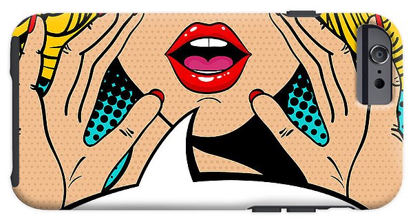 Sexy surprised blonde pop art woman with open mouth and rising hands screaming announcement. Vector background in comic retro pop art style. Party invitation. - Phone Case