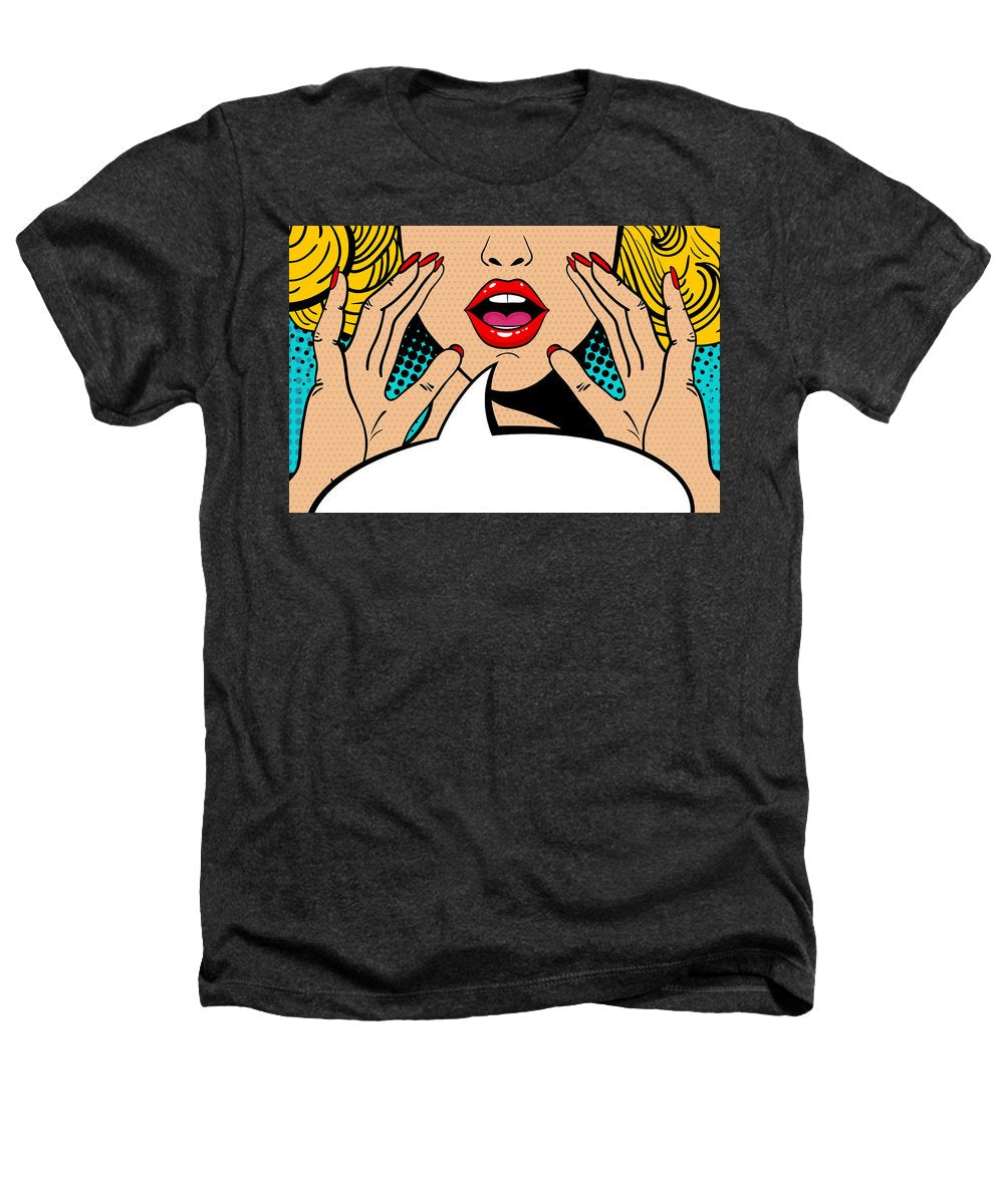 Sexy surprised blonde pop art woman with open mouth and rising hands screaming announcement. Vector background in comic retro pop art style. Party invitation. - Heathers T-Shirt
