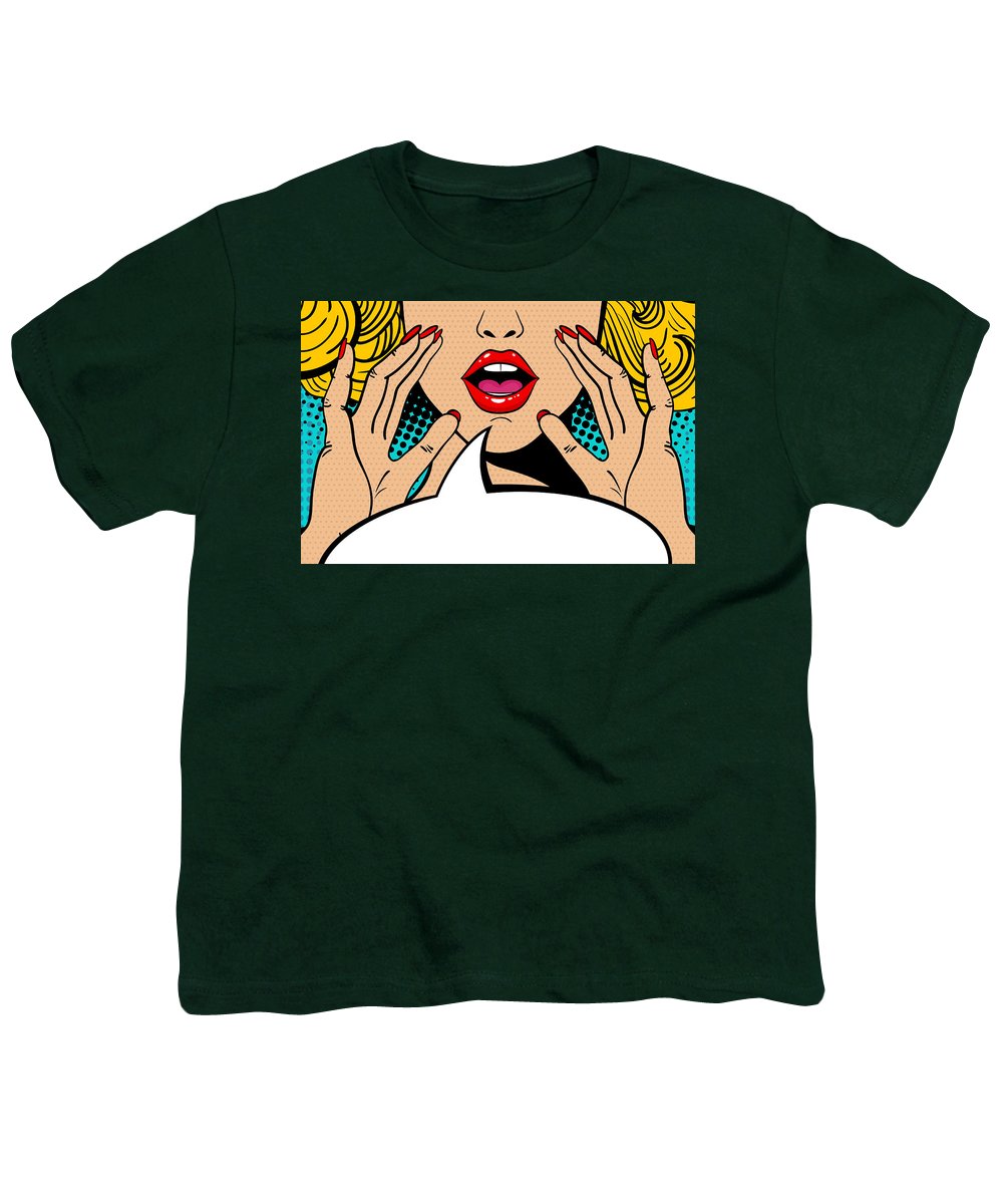 Sexy surprised blonde pop art woman with open mouth and rising hands screaming announcement. Vector background in comic retro pop art style. Party invitation. - Youth T-Shirt