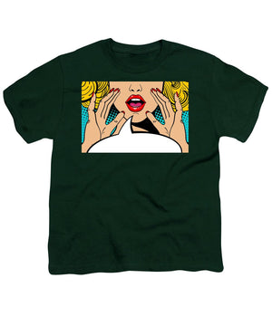 Sexy surprised blonde pop art woman with open mouth and rising hands screaming announcement. Vector background in comic retro pop art style. Party invitation. - Youth T-Shirt