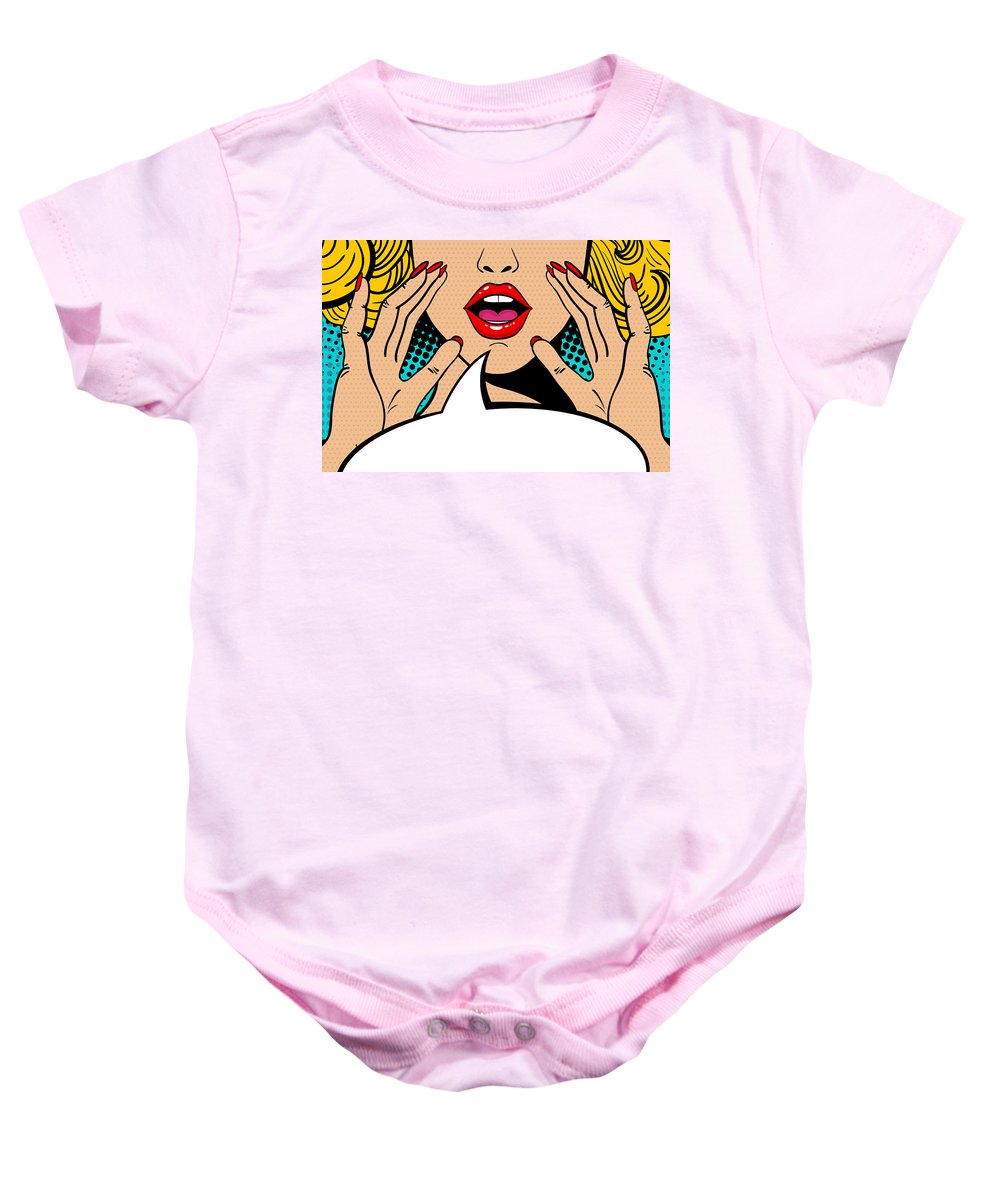 Sexy surprised blonde pop art woman with open mouth and rising hands screaming announcement. Vector background in comic retro pop art style. Party invitation. - Baby Onesie