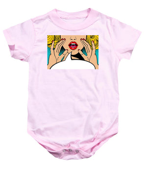 Sexy surprised blonde pop art woman with open mouth and rising hands screaming announcement. Vector background in comic retro pop art style. Party invitation. - Baby Onesie
