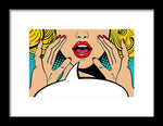 Sexy surprised blonde pop art woman with open mouth and rising hands screaming announcement. Vector background in comic retro pop art style. Party invitation. - Framed Print